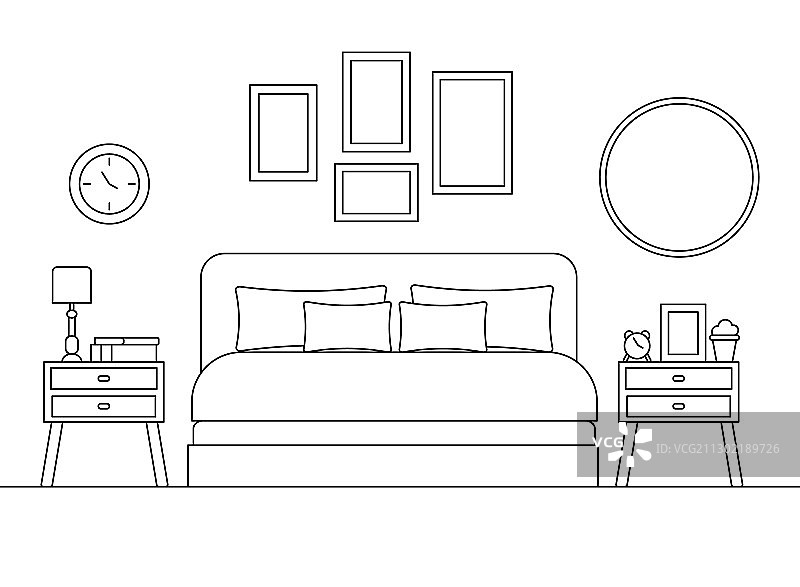 舒适卧室带家具线性室内场景图片素材