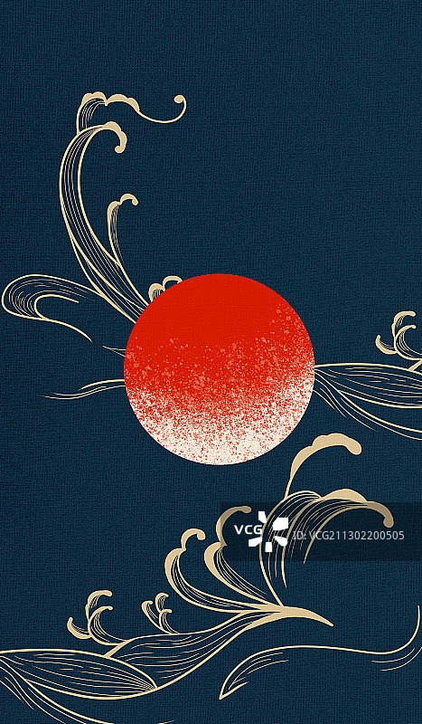 水波纹国风浮世绘插画 海上生明月 竖版图片素材
