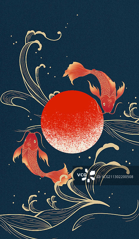 两只红色锦鲤跃出海面国风浮世绘插画 竖版图片素材