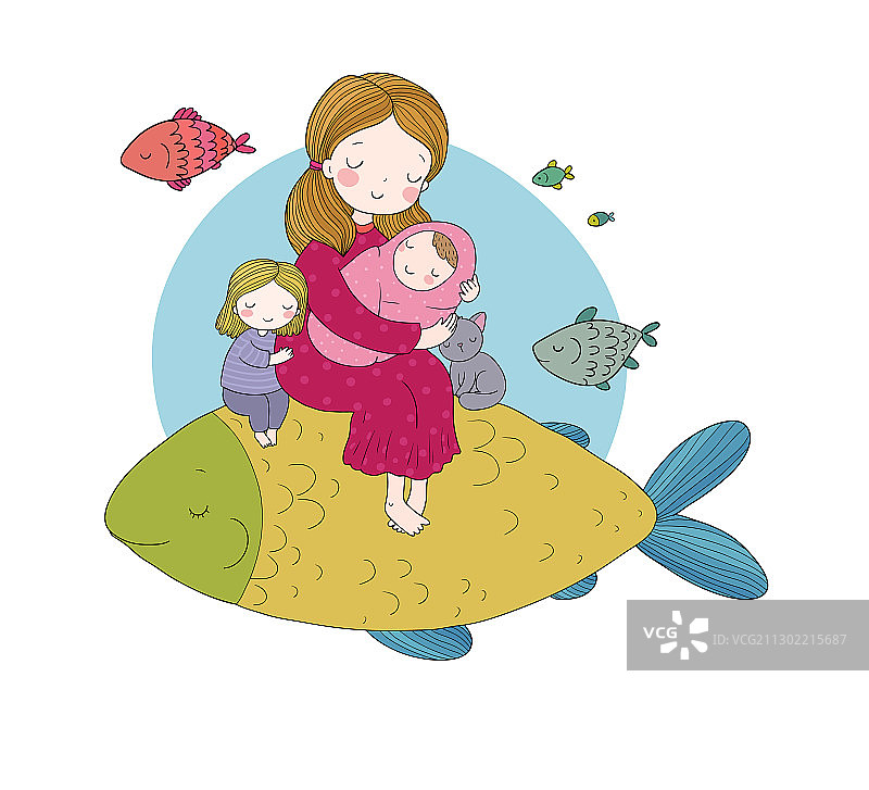 妈妈和女儿与一条巨大的魔法鱼图片素材