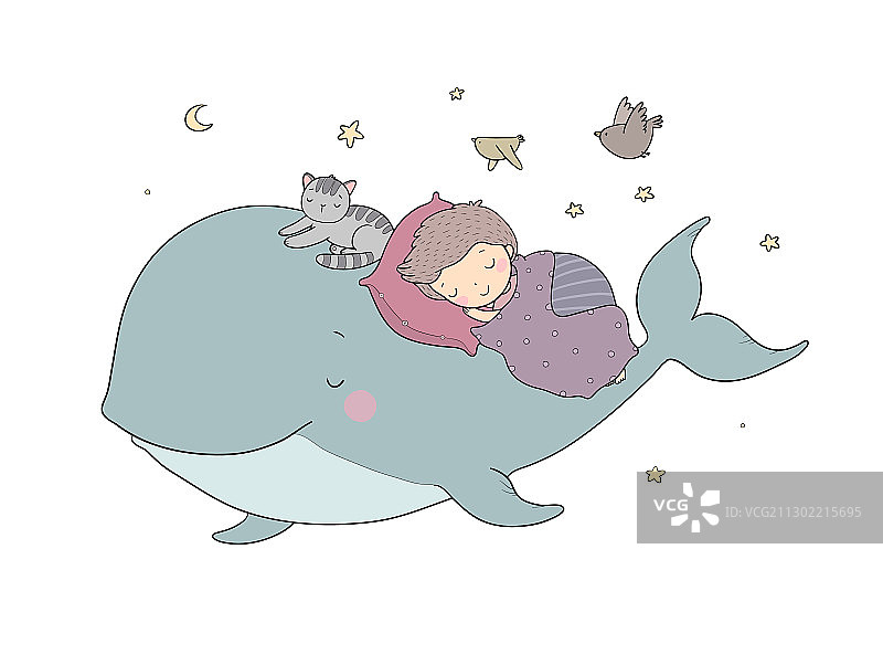 可爱卡通男孩和鲸鱼晚安时间图片素材