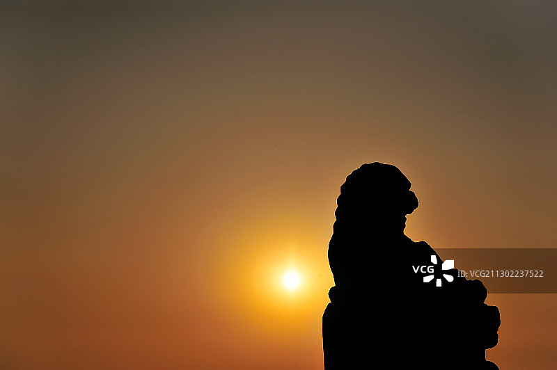 夕阳下颐和园十七孔桥上的石狮剪影图片素材