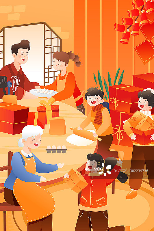 卡通冬季新年春节喜庆家人亲子年货节电商跨年烟花中国风矢量插画图片素材