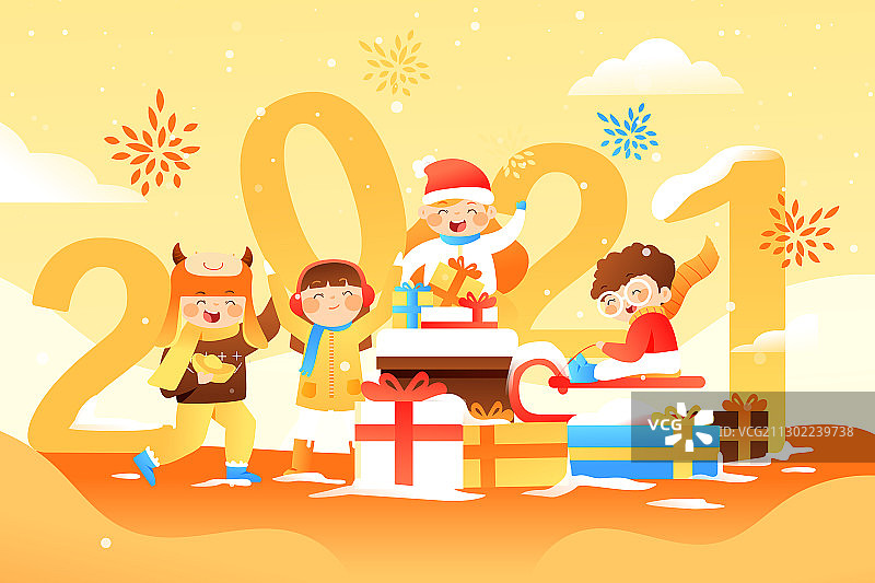 卡通冬季新年春节喜庆家人亲子年货节电商跨年烟花中国风矢量插画图片素材