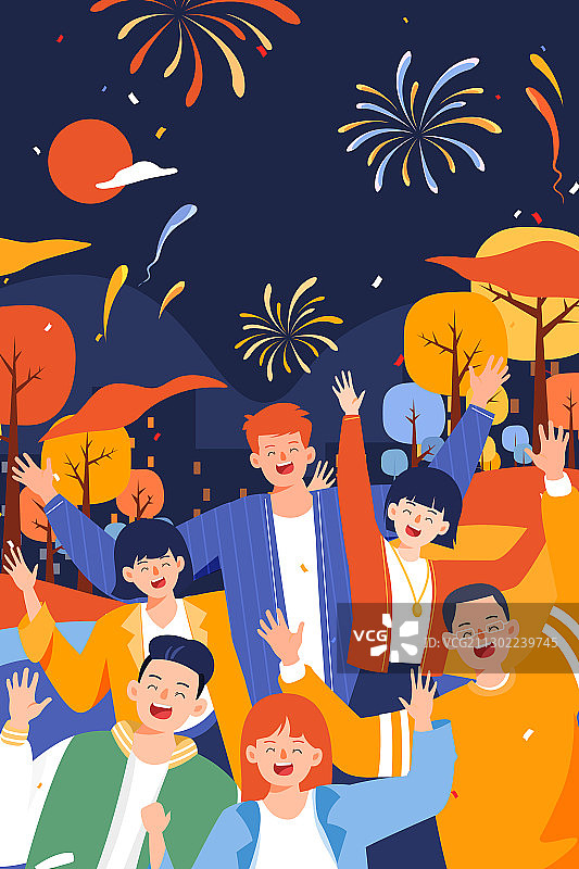 卡通冬季新年春节喜庆家人亲子年货节电商跨年烟花中国风矢量插画图片素材