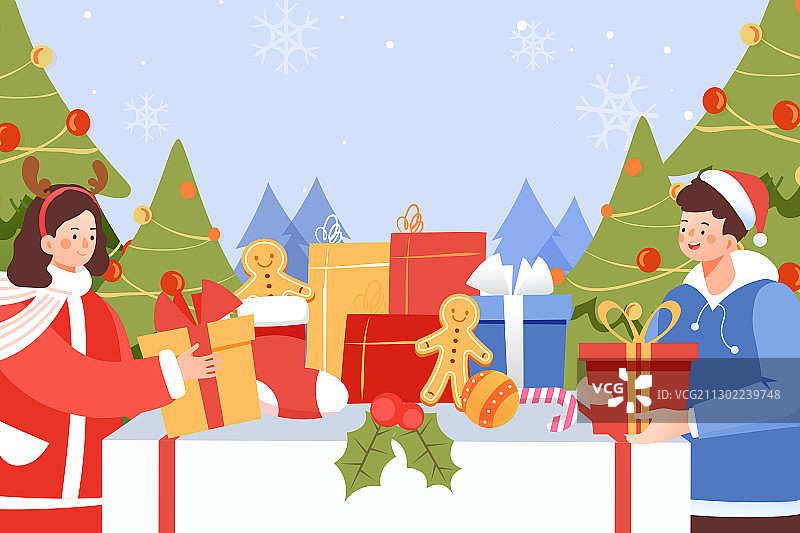 卡通冬季圣诞节礼物平安夜电商网购双十一购物促销送礼矢量插画图片素材