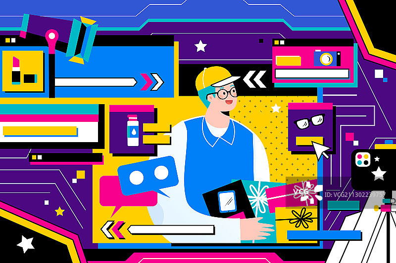 卡通网购消费双十一双十二购物节年终大促自媒体直播带货矢量插画图片素材