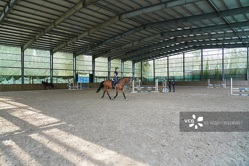 障碍训练场上骑马的青年女人图片素材