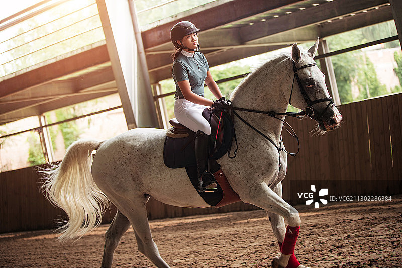 赛马场上骑马的青少年女孩图片素材