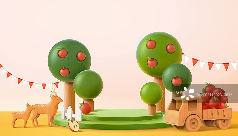 苹果树三角拉旗微缩模型三维图图片素材