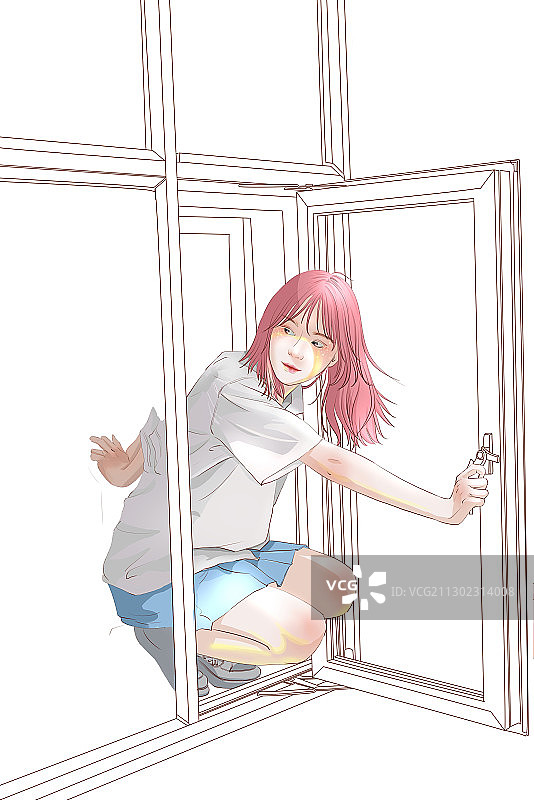 可盐可甜少女推窗白描留白粉色粉红年轻人学生校服插画背景素材图片素材