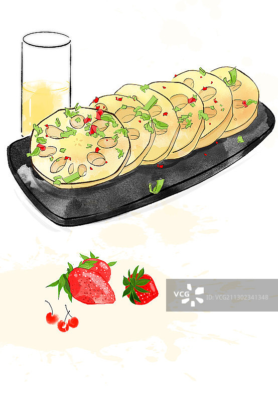 水彩美食插画香辣莲藕片图片素材