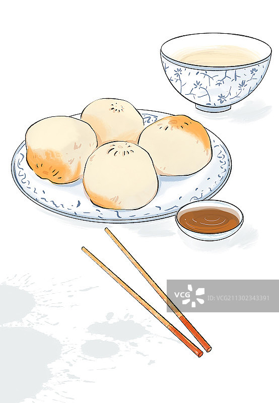 水彩美食插画传统美食生煎包子图片素材