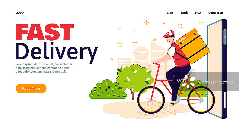 骑自行车带食物背包的快速送货员图片素材