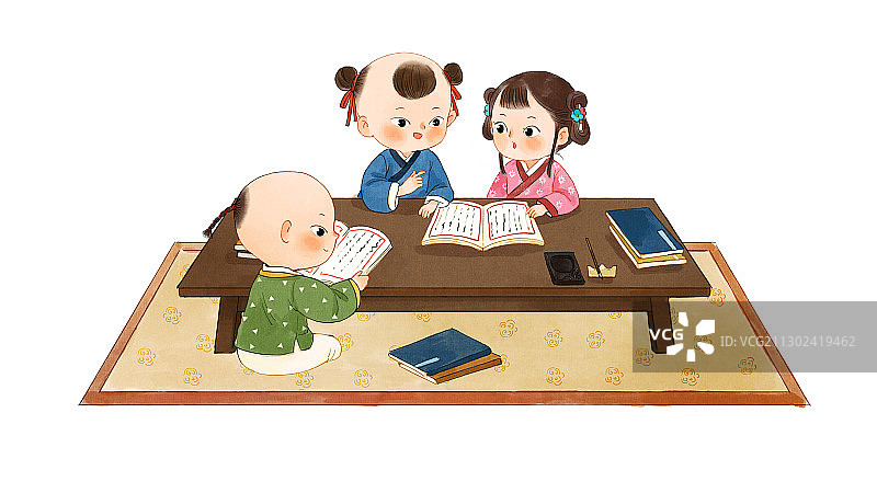 古代小孩读书插画图片素材