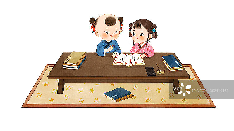 古代小孩读书插画图片素材