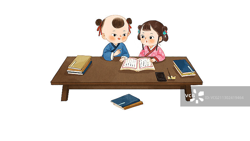古代小孩读书插画图片素材