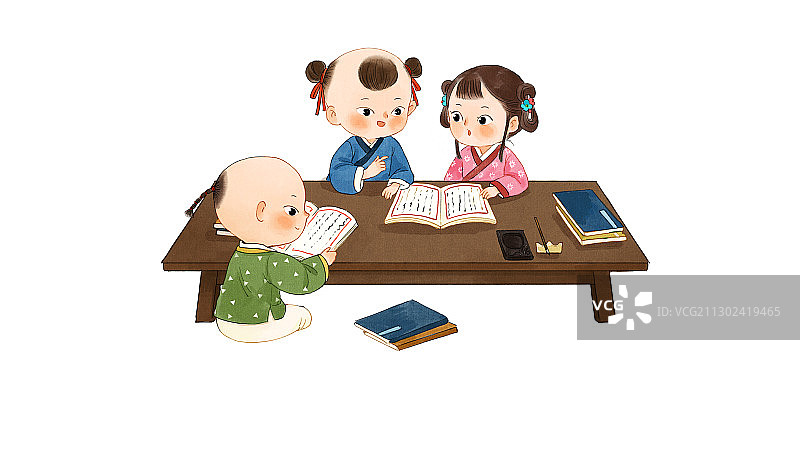 古代小孩读书插画图片素材
