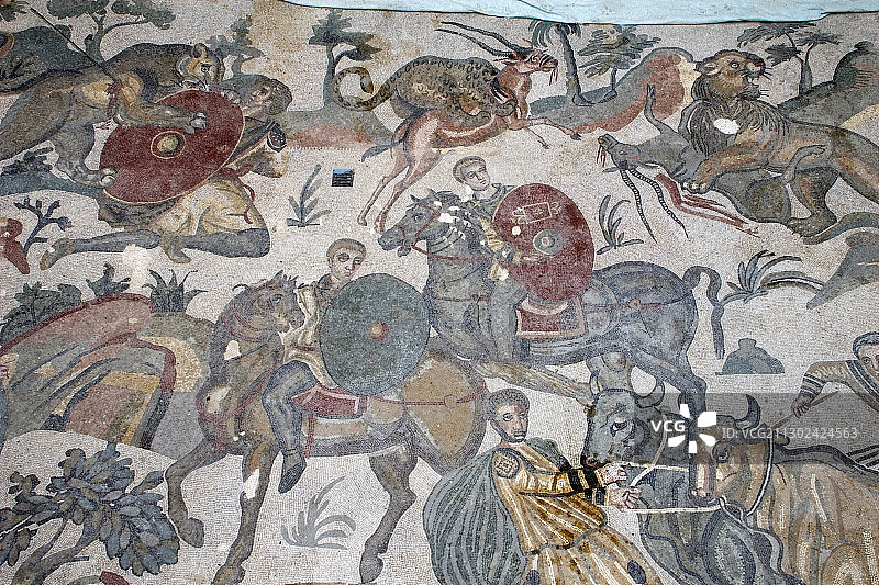 罗马别墅中的狩猎地面马赛克细节图片素材