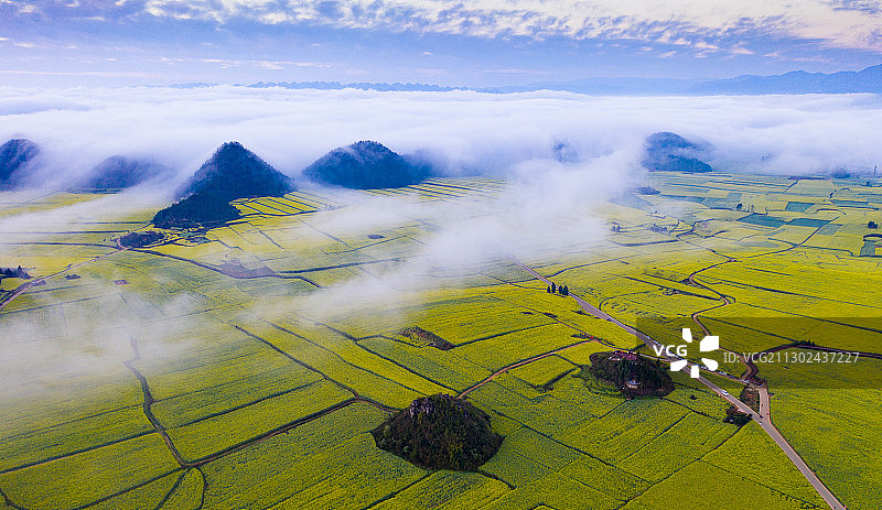 云南罗平螺丝田金鸡岭油菜花云海风光图片素材