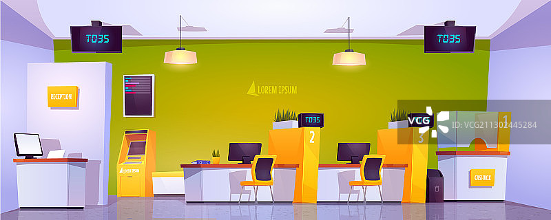 带有ATM现金箱和桌子的银行办公室内部图片素材