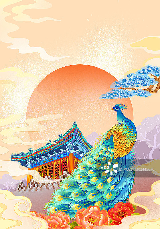 荣华富贵宅邸孔雀图图片素材