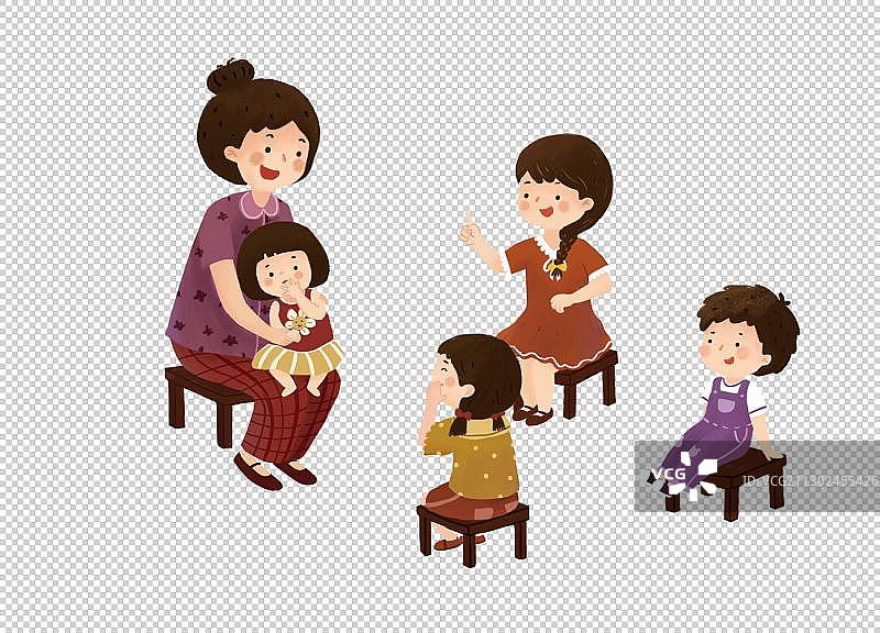 几个孩子围在一起听妈妈讲故事插画图片素材