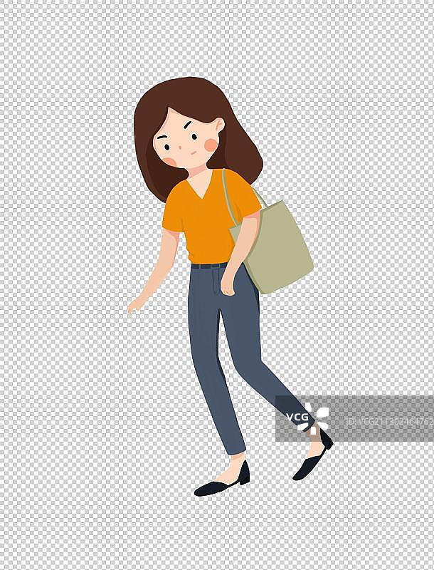 一个女人低头背包在走路插画图片素材