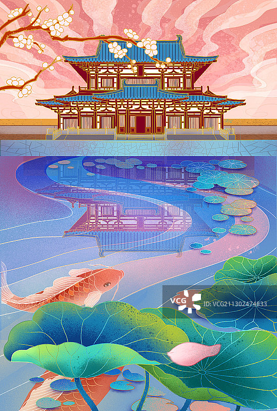 古典建筑荷塘图图片素材