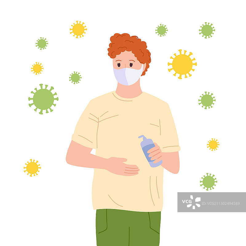 戴口罩年轻男子使用消毒液卡通图片素材
