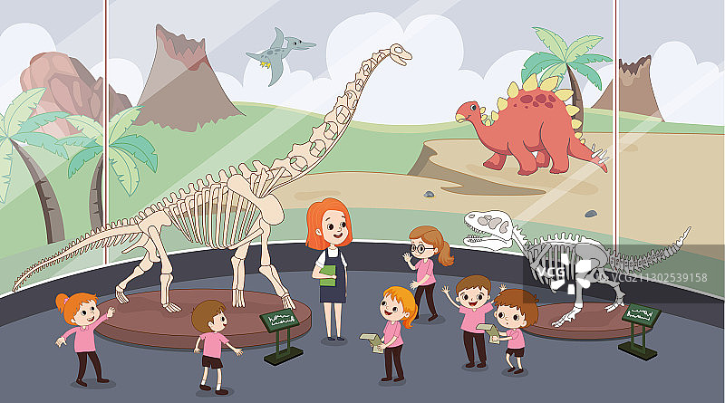 孩子们参观恐龙博物馆图片素材