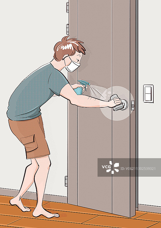 男子消毒门把手图片素材