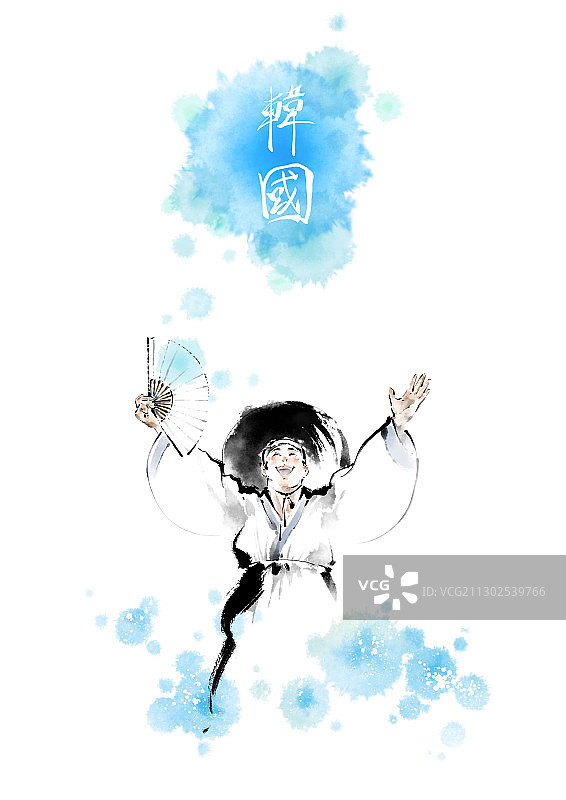 水墨画：持扇的朝鲜书生图片素材