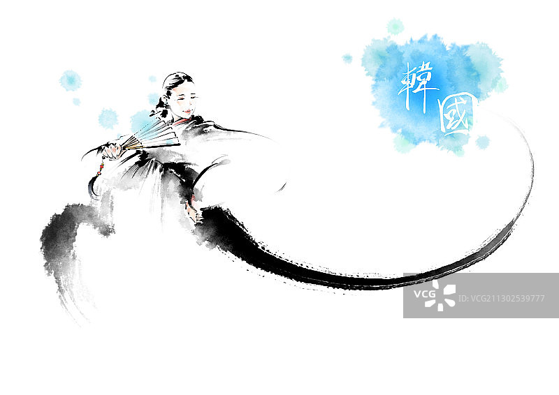 韩国女人扇子舞水墨画图片素材