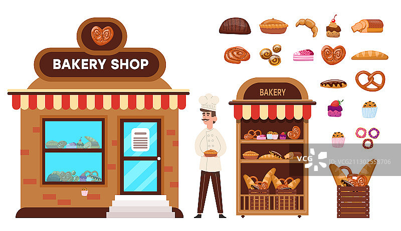 面包师出售面包蛋糕的烘焙店场景图片素材