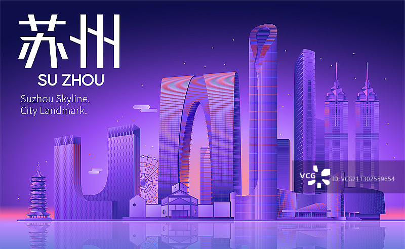 苏州城市天际线地标建筑矢量插画图片素材