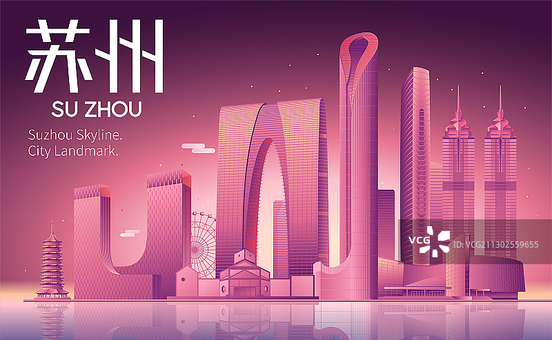 苏州城市天际线地标建筑矢量插画图片素材