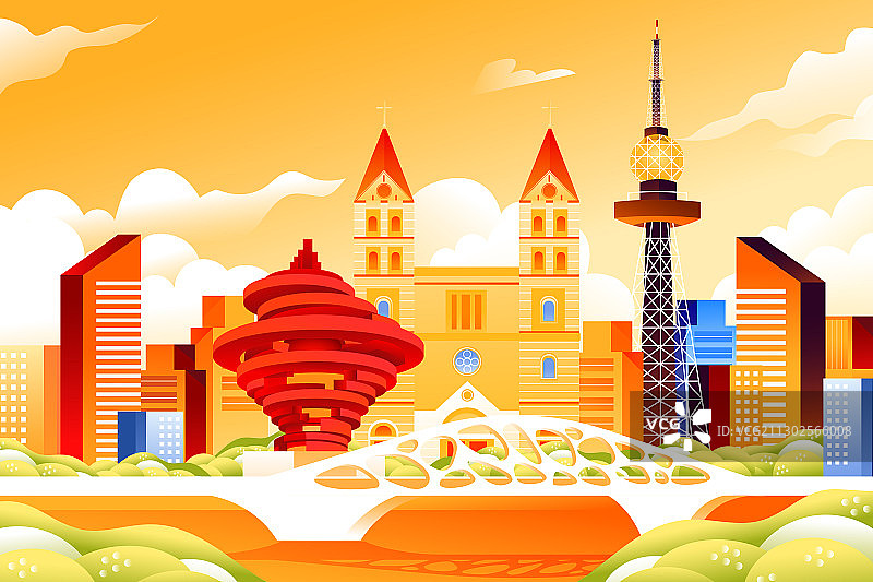 卡通中国山东青岛城市建筑风景旅游旅行出游标志性地标矢量插画图片素材