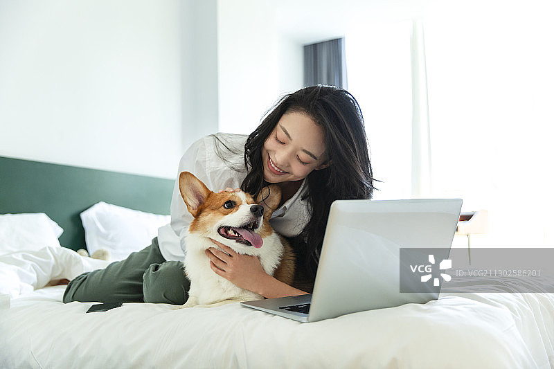 青年女子在卧室与小狗玩耍和使用笔记本电脑居家远程办公图片素材