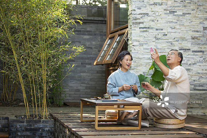 老年夫妻在户外庭院喝茶闲谈图片素材
