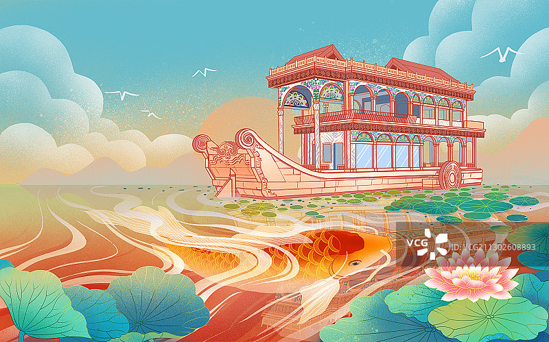 北京颐和园大船坞场景插画图片素材