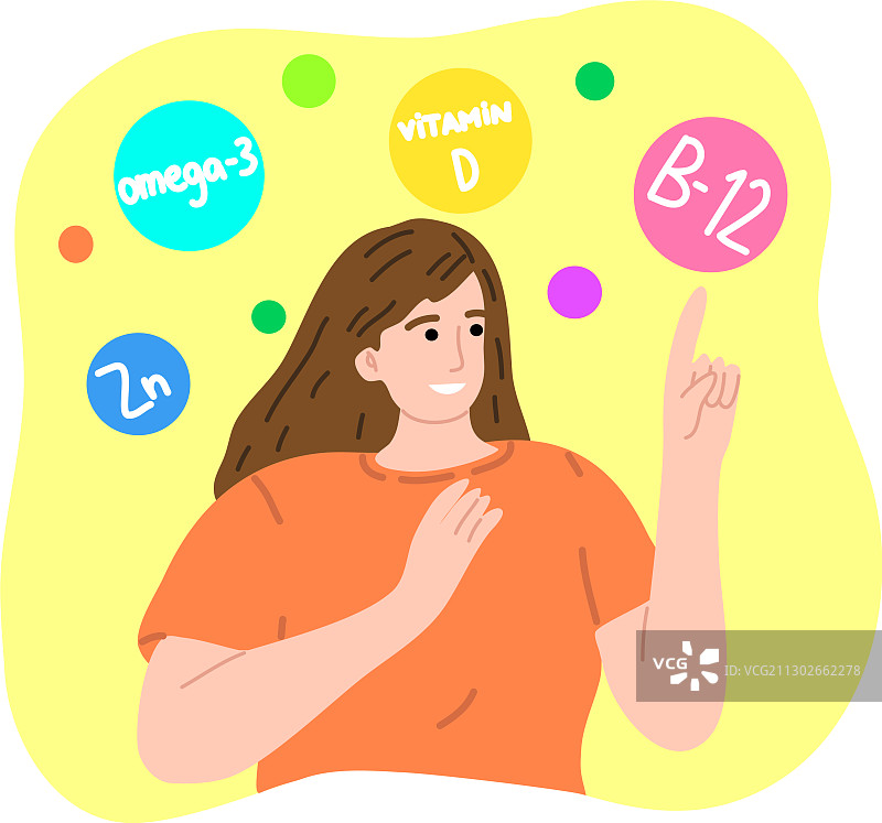快乐的素食女孩与维生素矿物质图片素材