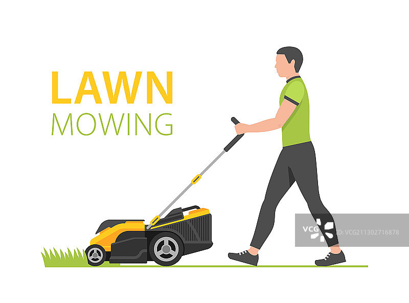 用黄色割草机的男人图片素材