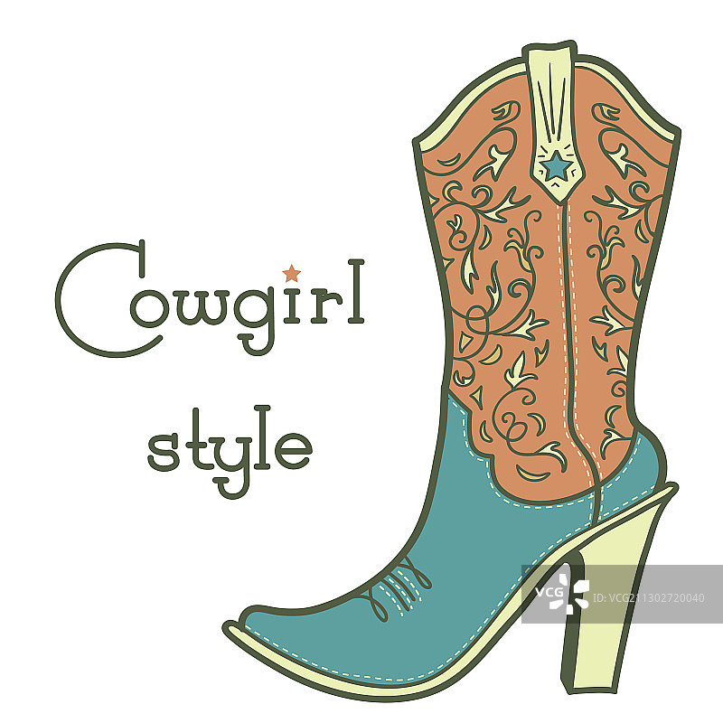 带花卉图案和复古文字的女牛仔靴图片素材