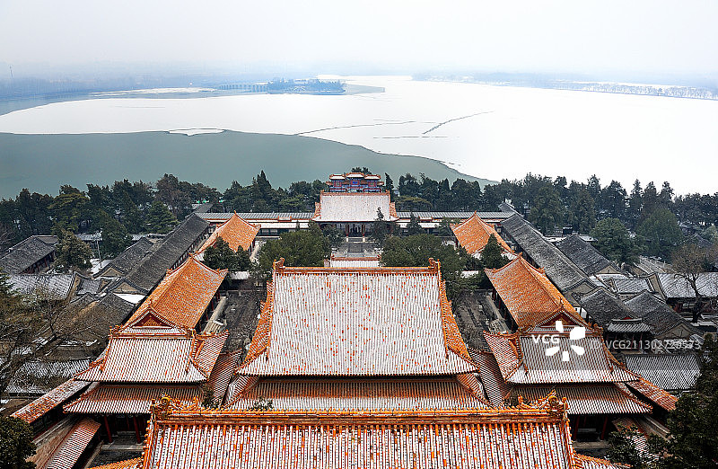 雪后的颐和园排云殿排云门昆明湖十七孔桥西堤全景图片素材