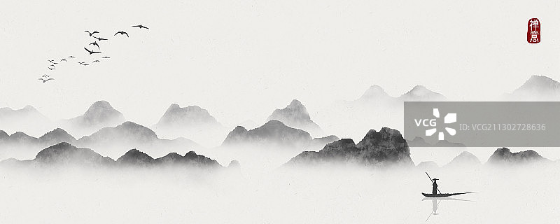 中式宽幅水墨山水画图片素材