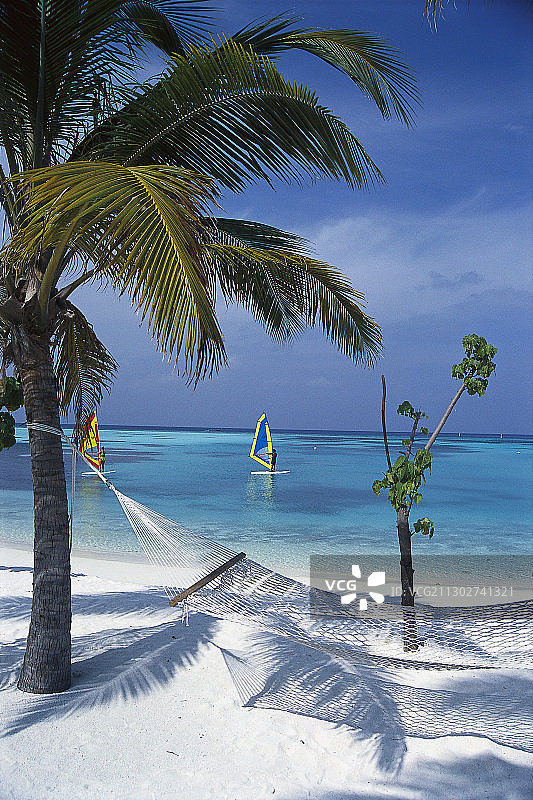 马尔代夫库达呼拉四季度假酒店棕榈海滩上的吊床，印度洋图片素材