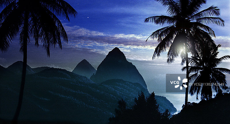 圣卢西亚，月升时分的棕榈树和皮通山图片素材