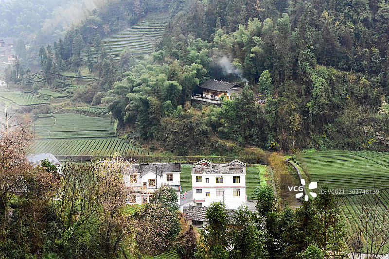 湖北山村云遮雾绕的民居下的乡村休闲旅游图片素材