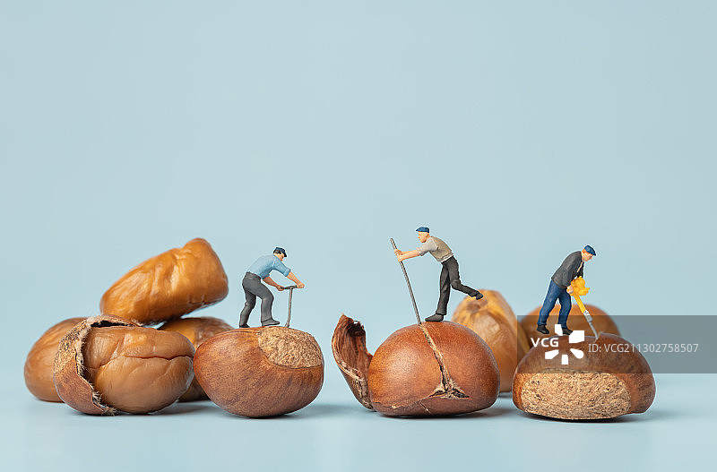 糖炒板栗用工具剥壳的工人迷你小人图片素材